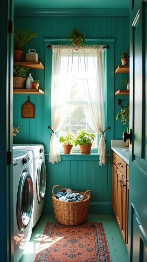 vibrant teal energizes laundry room
