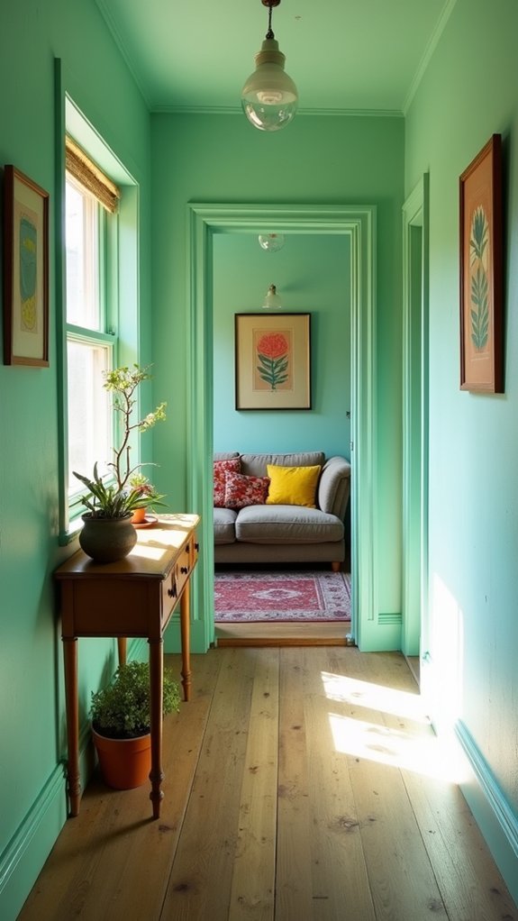 whimsical mint green hallway