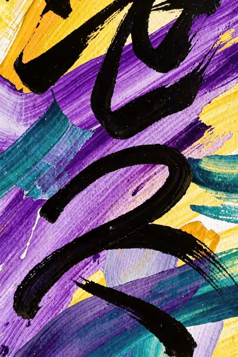 Abstract acrylic painting with thick black calligraphy-style strokes over splattered yellow, purple, teal, and green background.