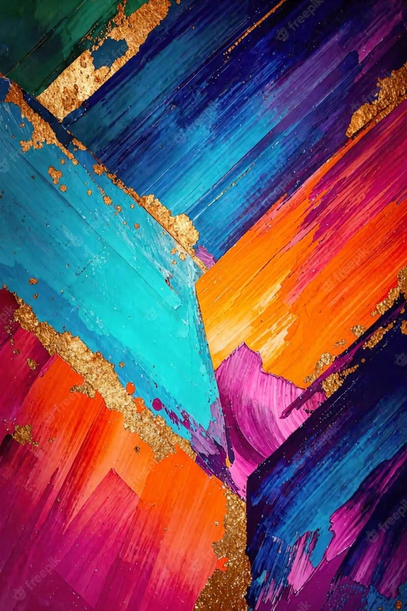 Abstract painting of overlapping broad stripes in teal, blue, orange, pink, green, and gold metallic accents with textured edges.