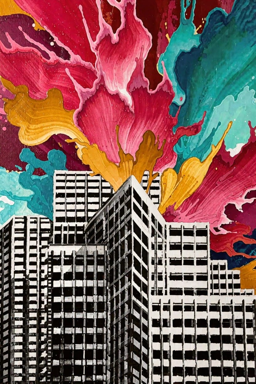 Black-and-white grid skyscrapers centered with vibrant pink, orange, yellow, teal, and green abstract bursts exploding outward and upward around them.
