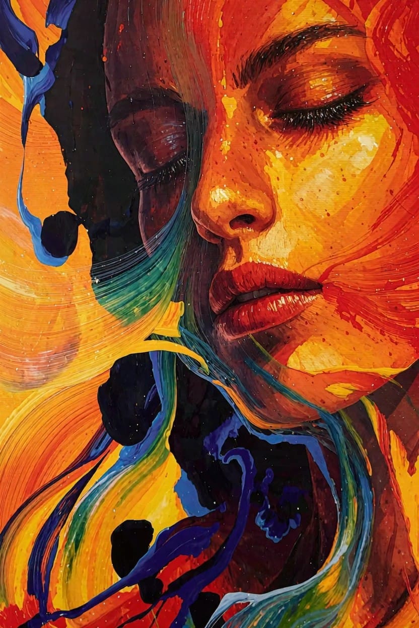 Abstract close-up of a woman's face with closed eyes and red lips, surrounded by swirling orange, red, yellow, blue, and green paint strokes and splatters.