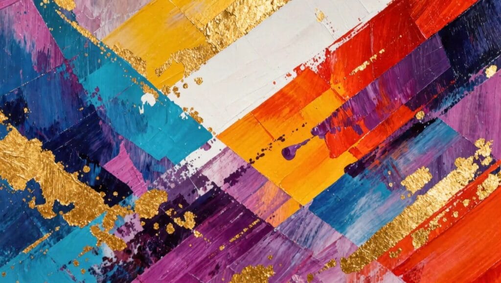 18 Bold Abstract Acrylic Painting Ideas For A Striking Modern Vibe Abstract painting of overlapping broad stripes in teal, blue, orange, pink, green, and gold metallic accents with textured edges.