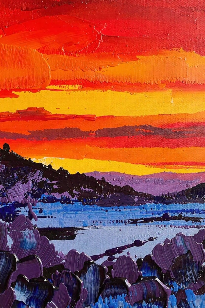 Abstract impasto painting of a sunset landscape with orange-red sky over purple-blue rocky shore and water, distant mountains.