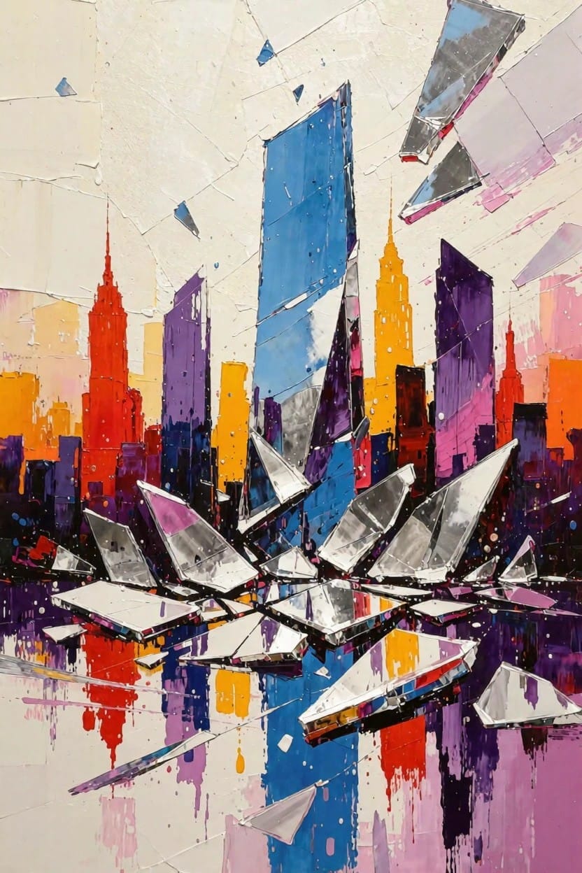 Abstract painting of a colorful fragmented New York skyline blended with Sydney Opera House shapes, reflected in blue water with textured impasto strokes.