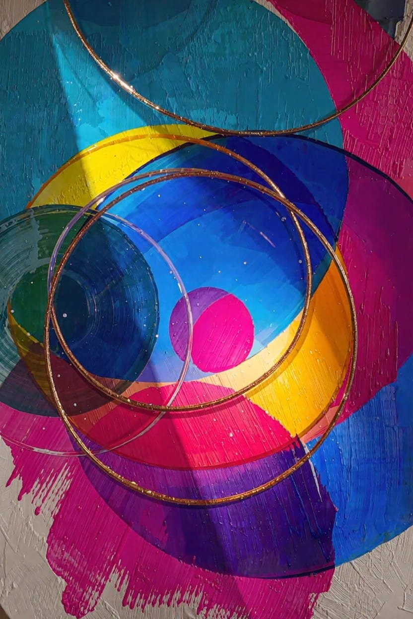 Abstract painting of overlapping translucent rings and circles in teal, pink, yellow, gold, blue, and purple on a white background with pink drips.
