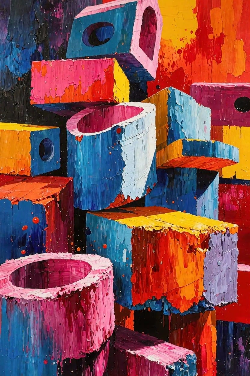 Abstract acrylic painting of stacked irregular cubes and cylinders with holes in vibrant blues, pinks, yellows, oranges, and reds using thick textured brushstrokes.