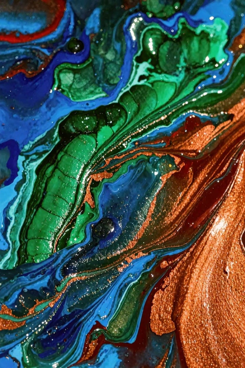Abstract acrylic painting with swirling teal, green, orange, and metallic gold blends forming organic fluid shapes.