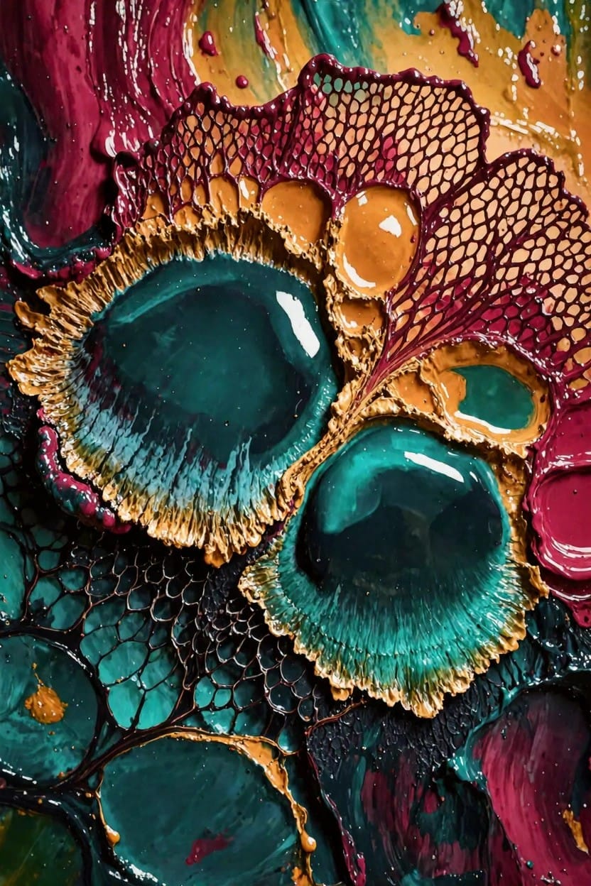 Abstract close-up of textured orange and pink lacy forms enclosing glossy teal droplet shapes amid multicolored layers.