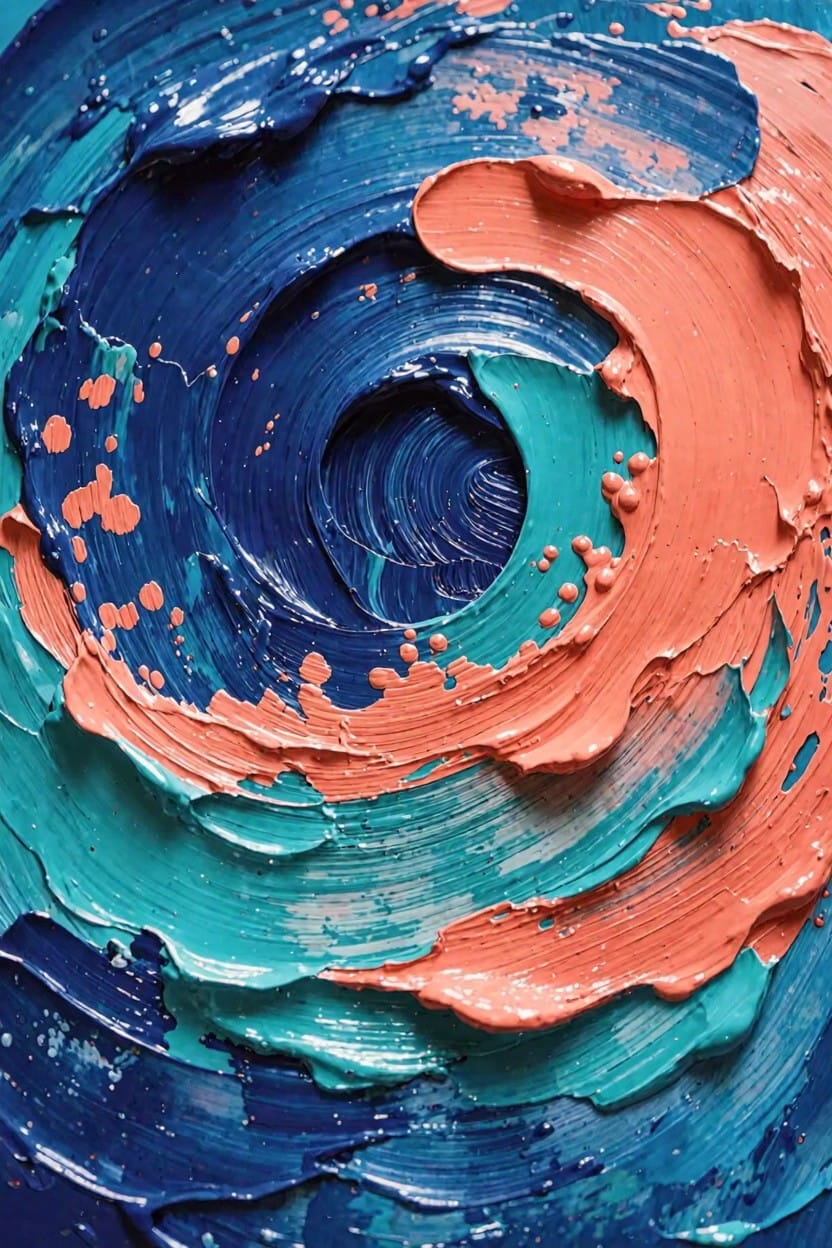 Abstract close-up of a textured spiral vortex in navy blue, teal, and orange impasto paint.