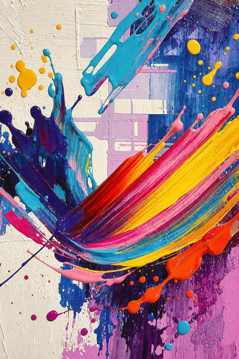 Abstract acrylic painting featuring diagonal sweeps and splatters of turquoise, purple, yellow, orange, and pink over white geometric shapes and textured background.