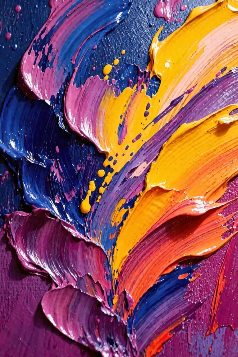 Abstract close-up with thick impasto brushstrokes in blue, purple, yellow, orange, and magenta forming layered, swirling petal-like shapes.