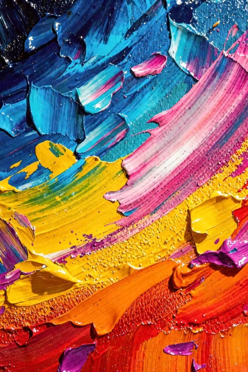 Abstract close-up of thick, multicolored impasto brushstrokes in blue, purple, pink, yellow, orange, and red forming swirling shapes.