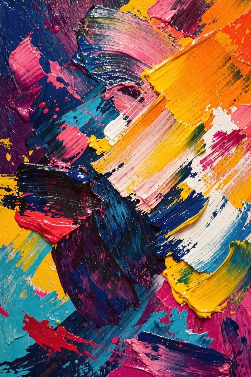 Vibrant abstract painting with thick, overlapping brushstrokes and drips in blues, purples, yellows, oranges, pinks, reds, and whites.