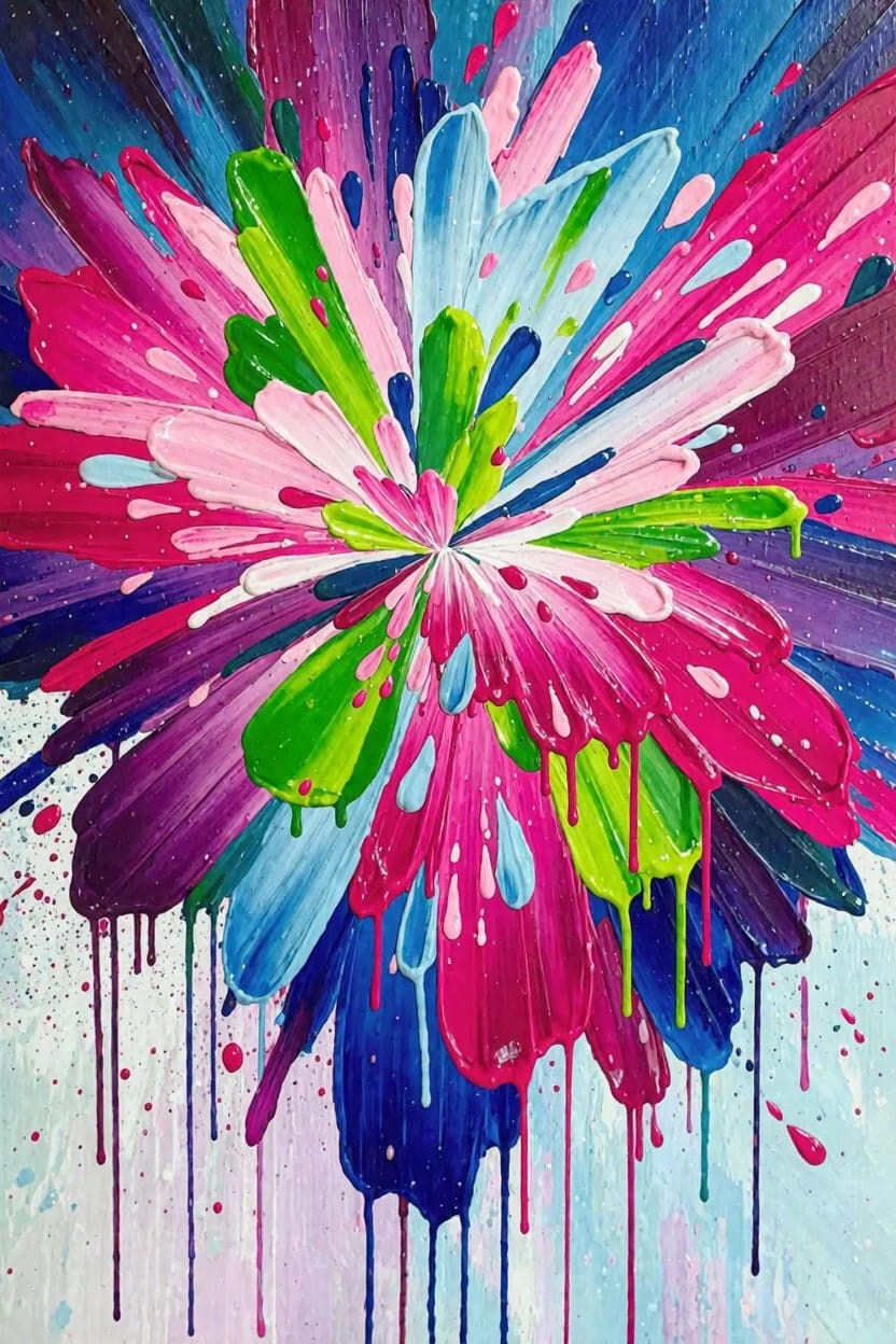 Vibrant abstract acrylic painting of a multicolored flower burst with radiating petals and paint drips on a white background.