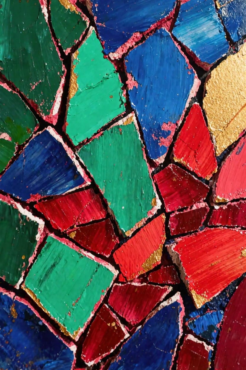 Abstract acrylic painting of irregular jagged shapes in vibrant greens, blues, reds, and golds arranged like a colorful mosaic.