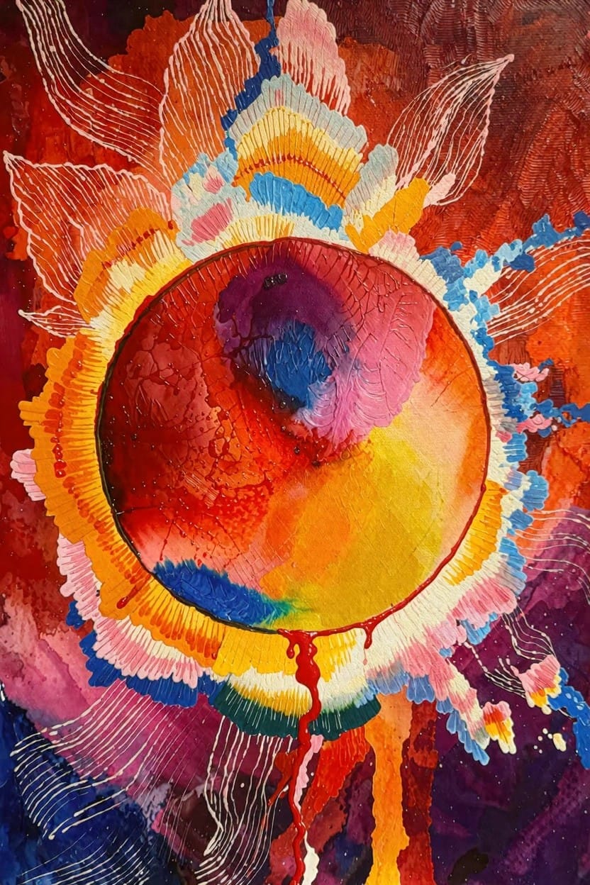 Abstract acrylic painting featuring a central orange-yellow circle surrounded by layered, multicolored petal shapes in red, pink, white, blue, and purple on a dark background.