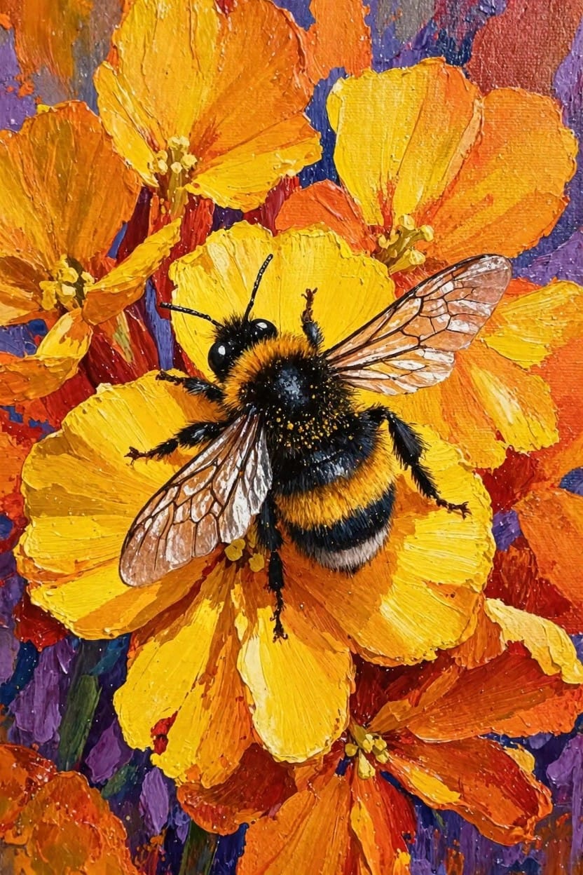 A realistic painting of a fuzzy black-and-yellow bumblebee on bright orange poppy flowers with purple accents in the background.