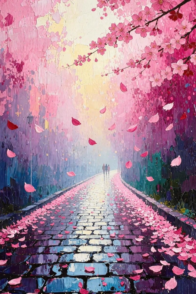 Vibrant painting of a wet cobblestone path lined with pink cherry blossom trees, falling petals, and two distant walking figures under golden light.