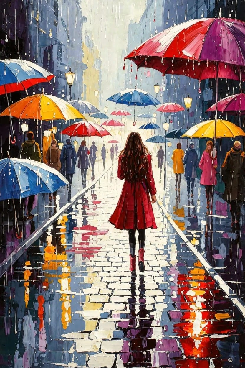 A vibrant acrylic painting of a rainy nighttime street with crowds holding colorful umbrellas, a central woman in red coat and boots walking away, and glowing reflections in puddles on cobblestones.