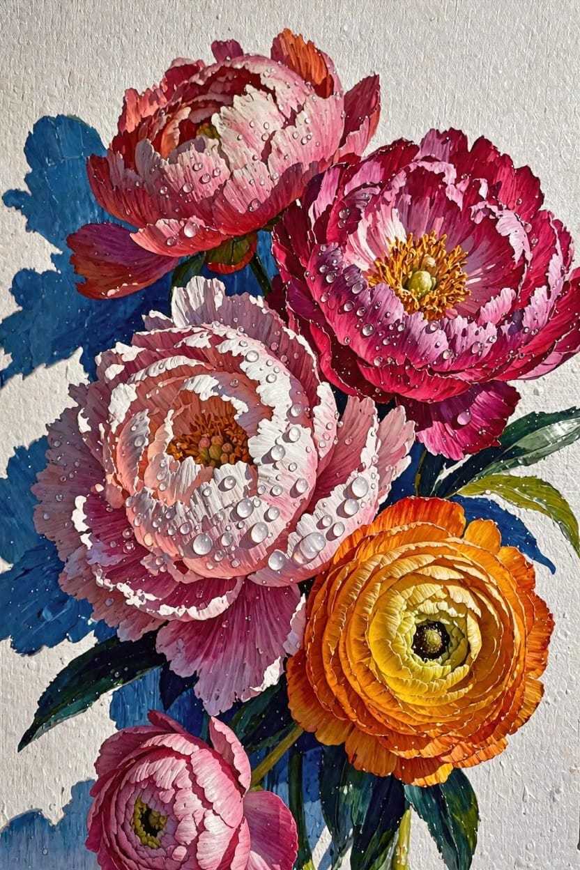 Realistic close-up of pink peonies and orange calendula with dew drops, stems, leaves, and blue shadows on textured beige background.