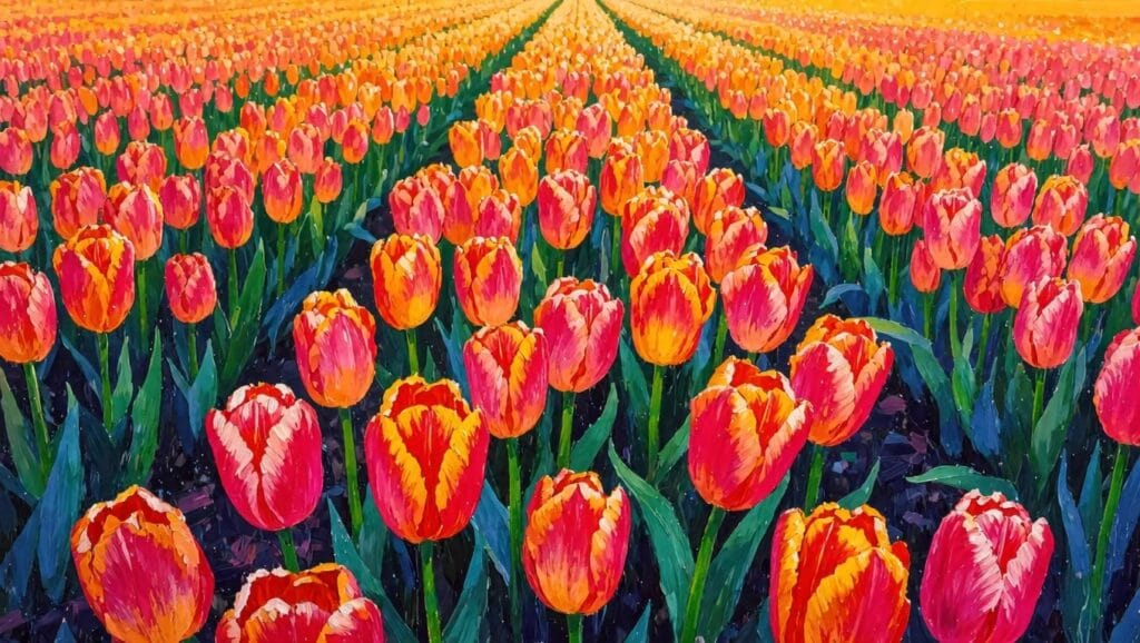 Vibrant painting of multicolored tulip rows receding into a golden sunset horizon with green stems.
