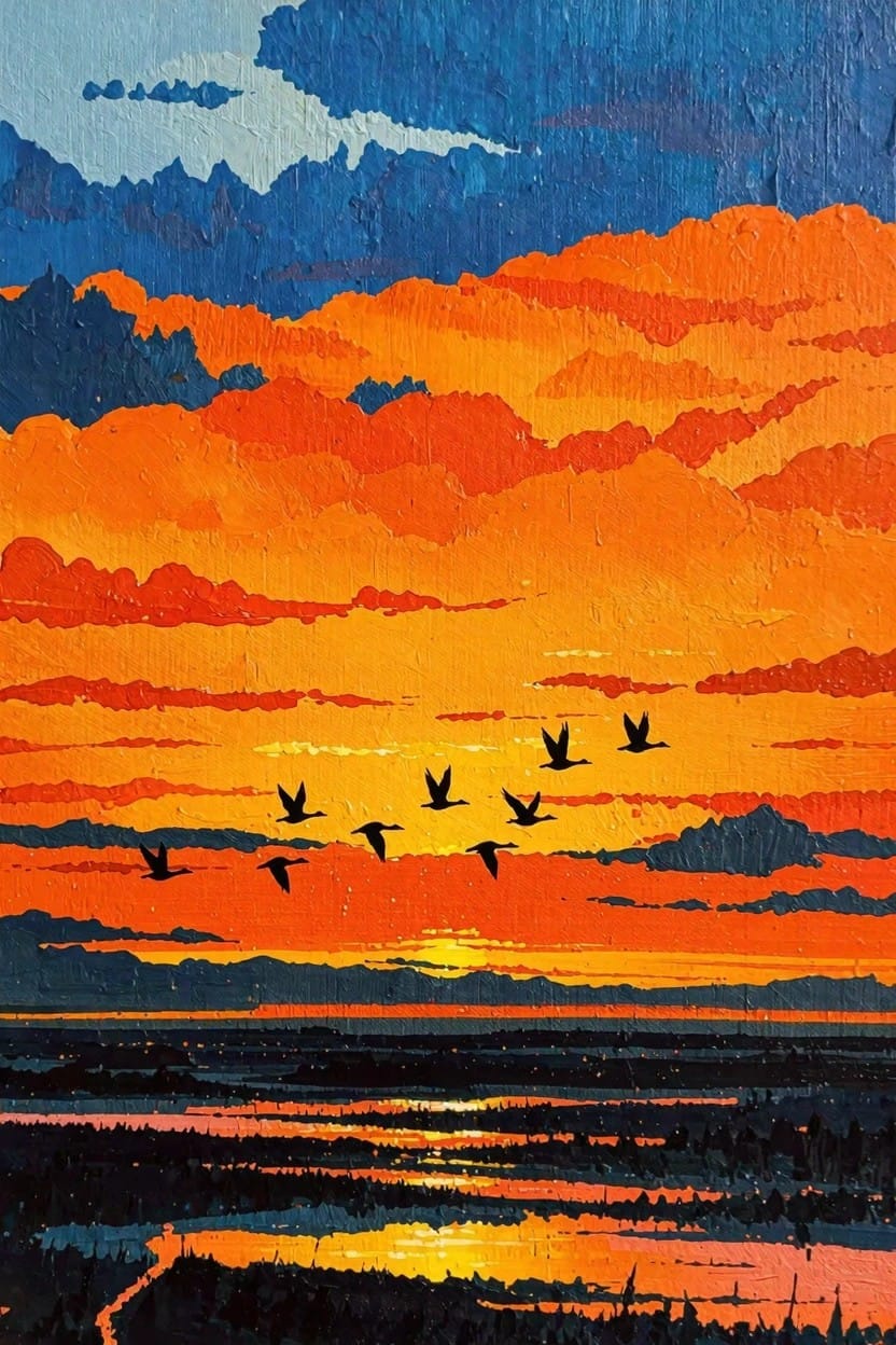 Acrylic painting of black silhouetted geese flying over an orange and blue sunset sky with marsh reflections below.