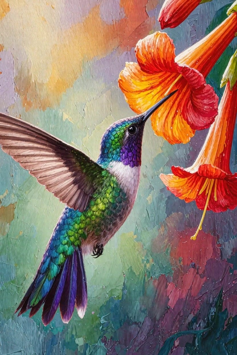 A detailed painting of a green iridescent hummingbird with spread wings feeding from clusters of orange trumpet flowers on a blended colorful background.