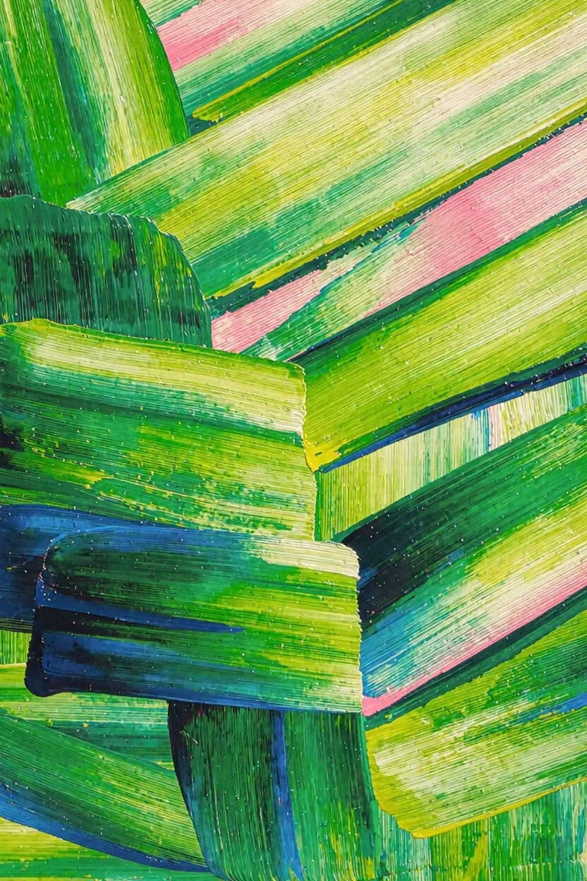 Abstract acrylic painting with overlapping diagonal strokes in greens, pinks, and blues resembling layered blades of grass.