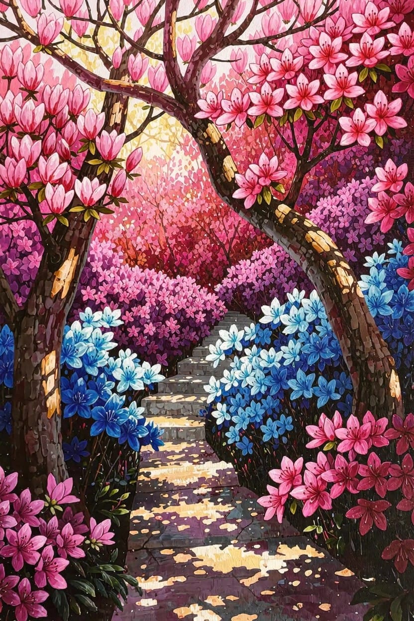 A detailed acrylic-style painting of a sunlit stone staircase path lined and arched over by trees and bushes blooming in vibrant pink, purple, and blue flowers.