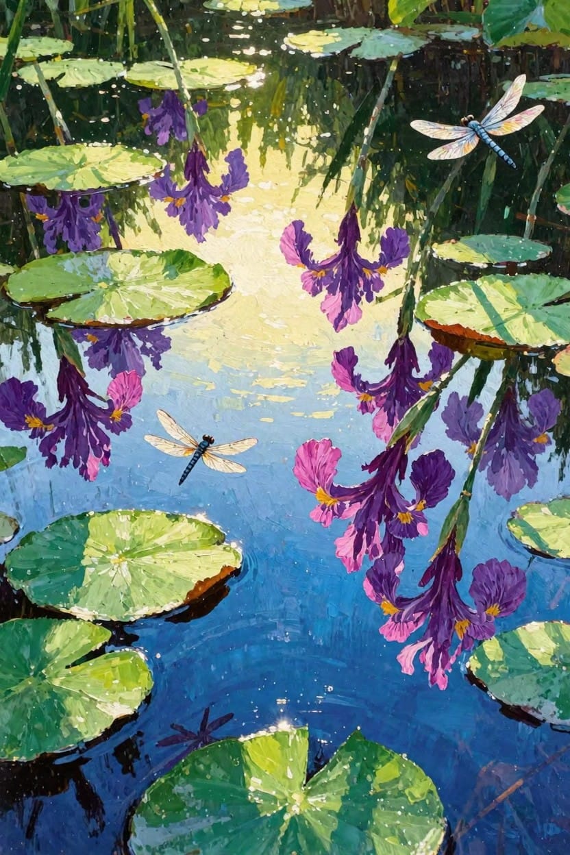 A detailed painting of green lily pads on blue water with purple iris flowers overhead, dragonflies flying, and sunlight reflections.