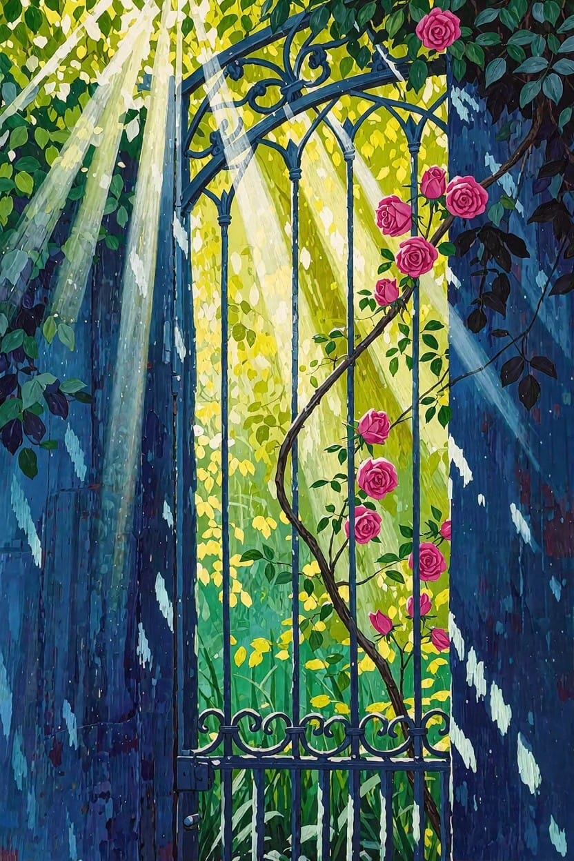 A vibrant painting of a dark blue wrought-iron arched gate overgrown with pink roses and green vines, golden sunlight rays streaming through to a bright garden interior.