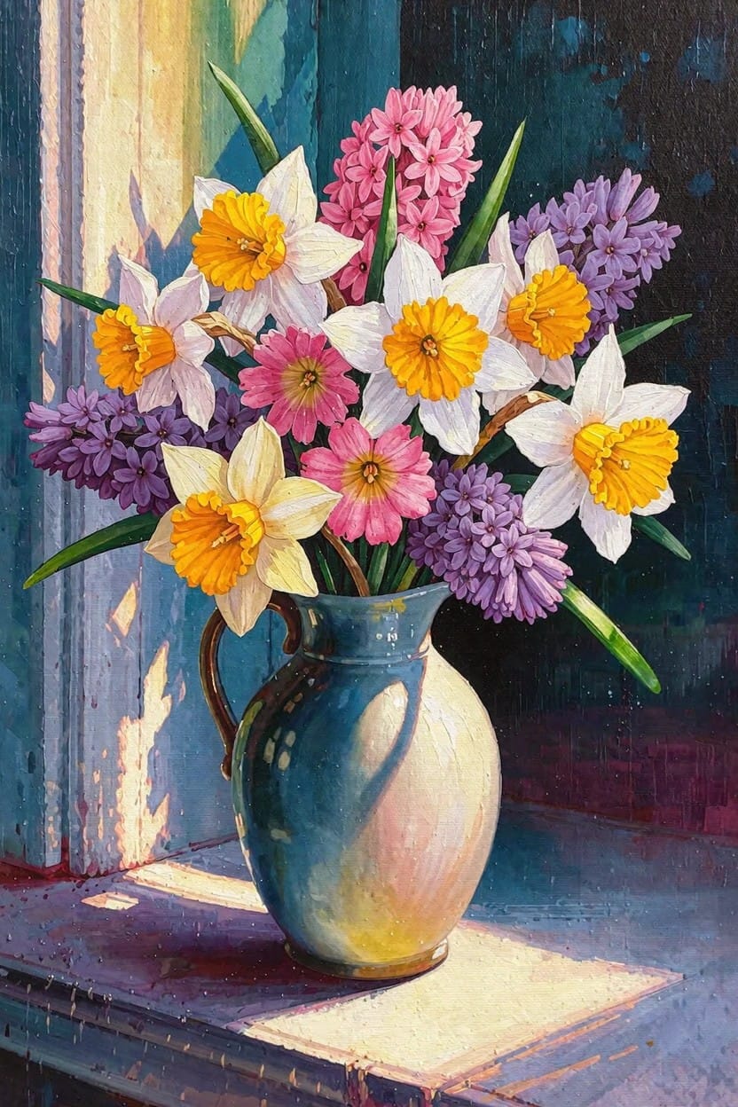 Watercolor painting of colorful daffodils, hyacinths, and other flowers in a blue vase on a sunlit windowsill.