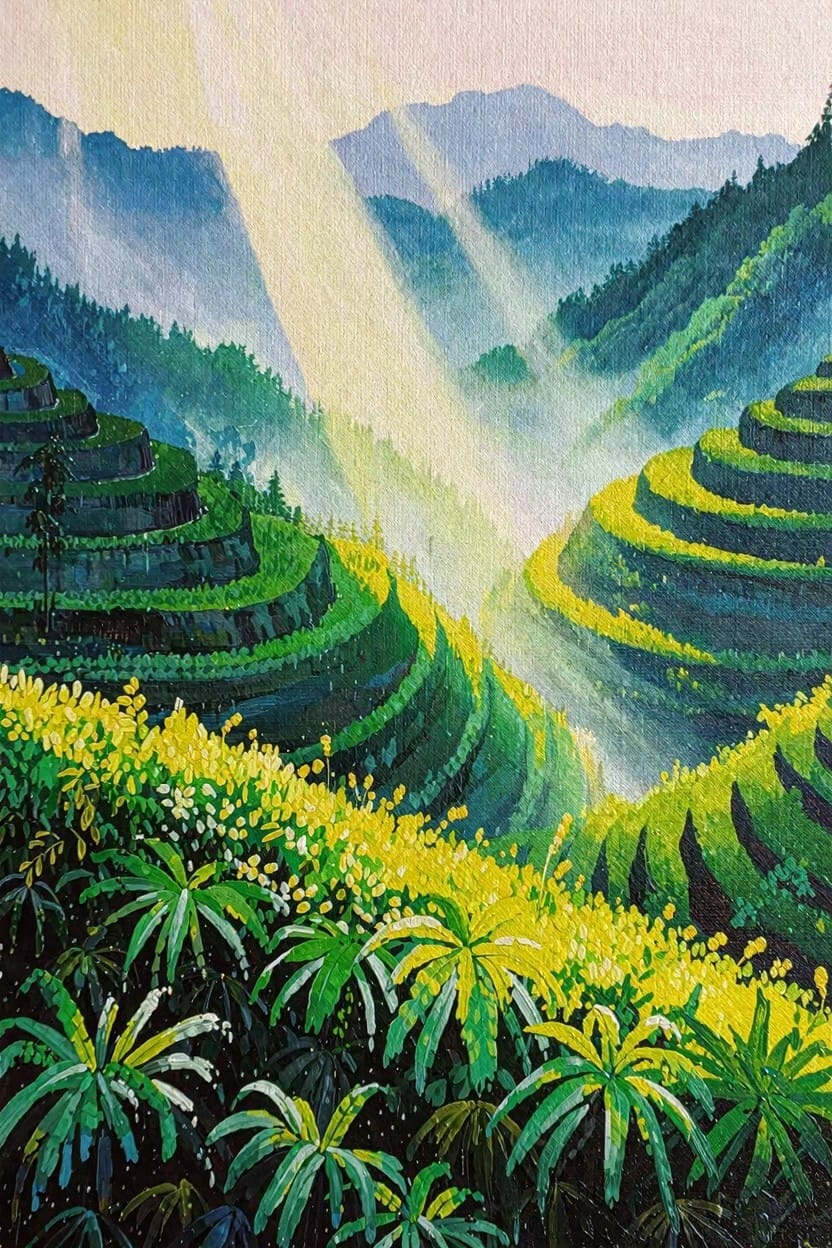 Watercolor-style painting of green terraced hills with yellow flowers, palm fronds in front, misty blue mountains behind, and pinkish sun rays beaming down.
