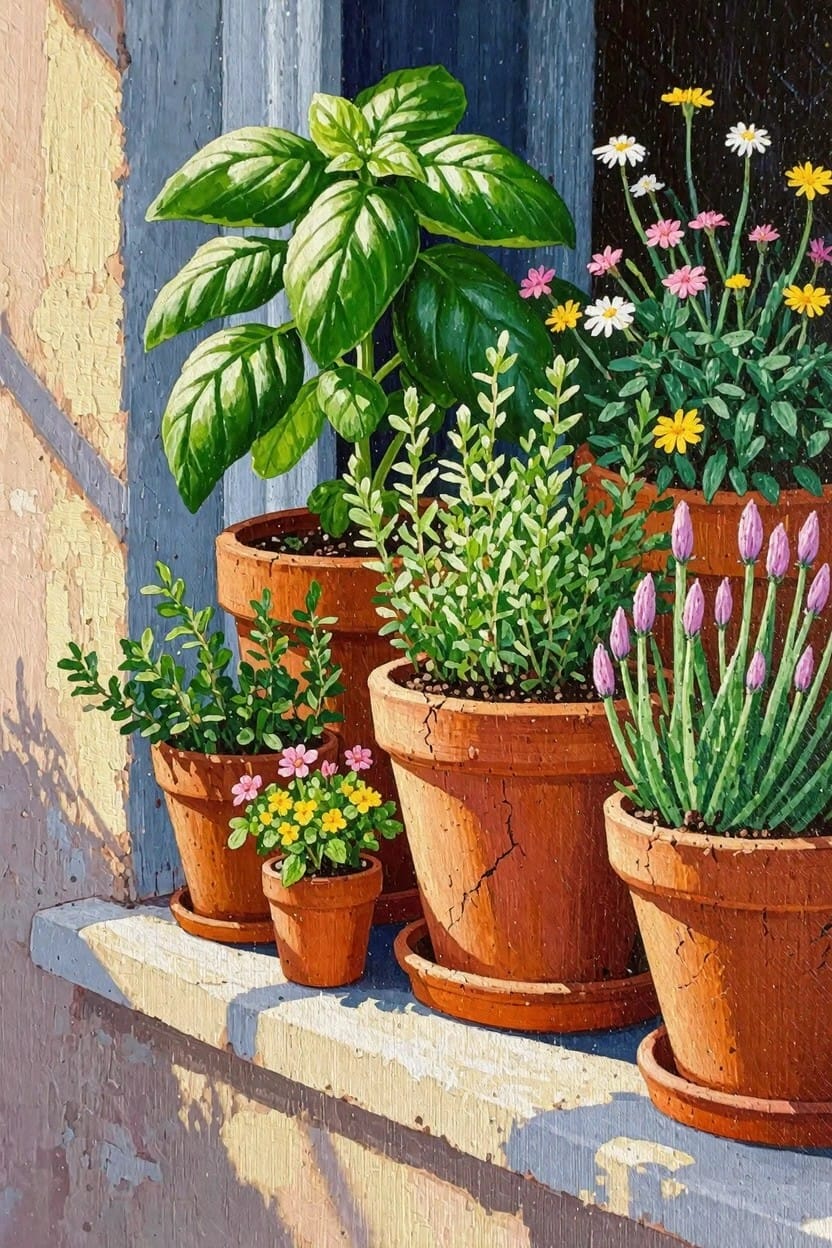 Detailed realistic painting of terracotta pots with basil, herbs, daisies, and tulips arranged on a sunlit windowsill against a blue window frame.