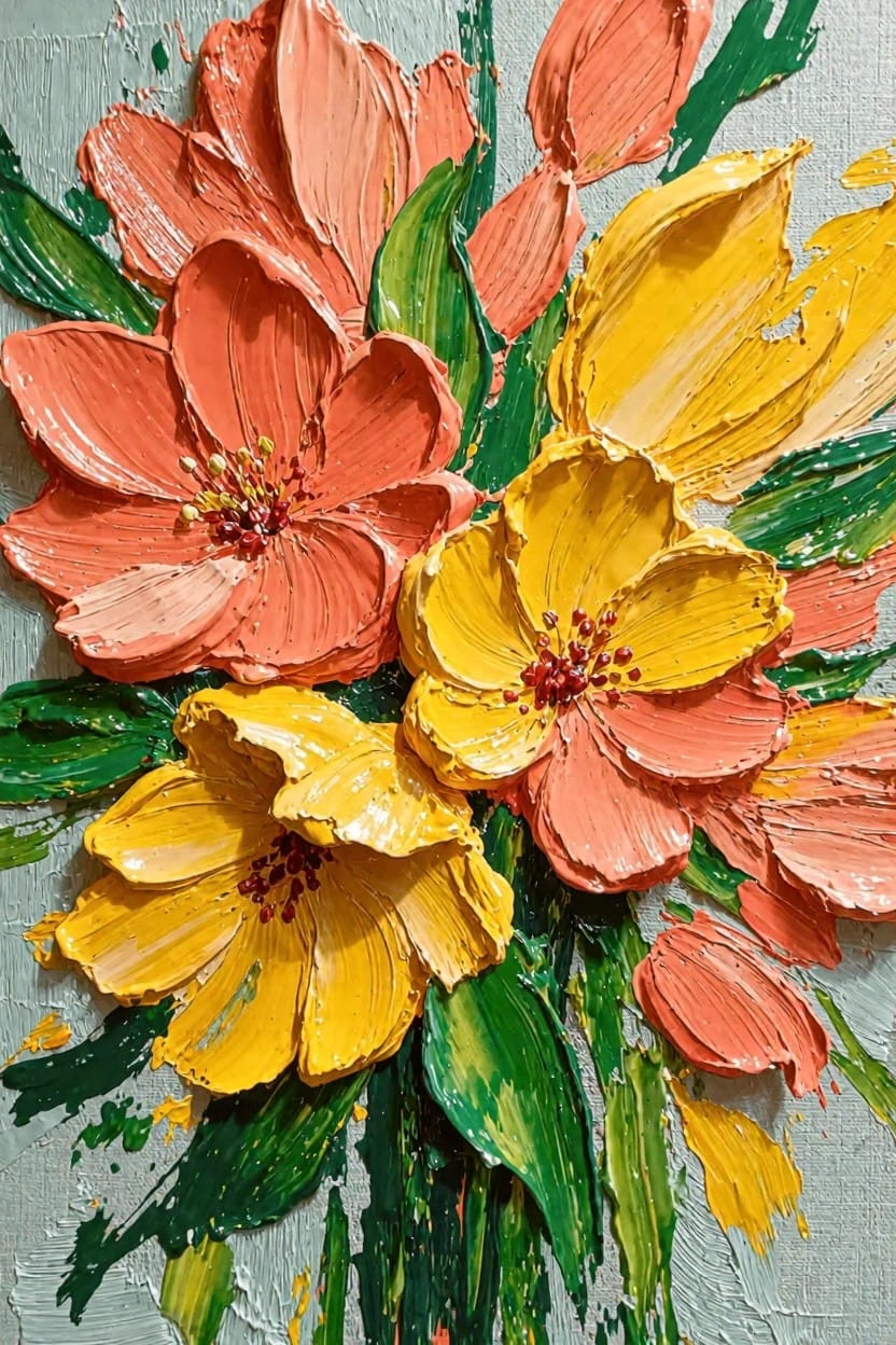 Textured painting of clustered orange and yellow flowers with green leaves on a teal background.