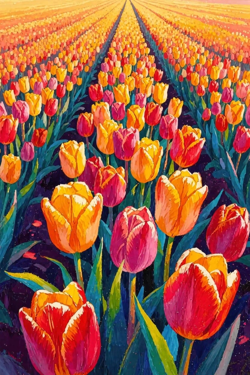 Vibrant painting of multicolored tulip rows receding into a golden sunset horizon with green stems.
