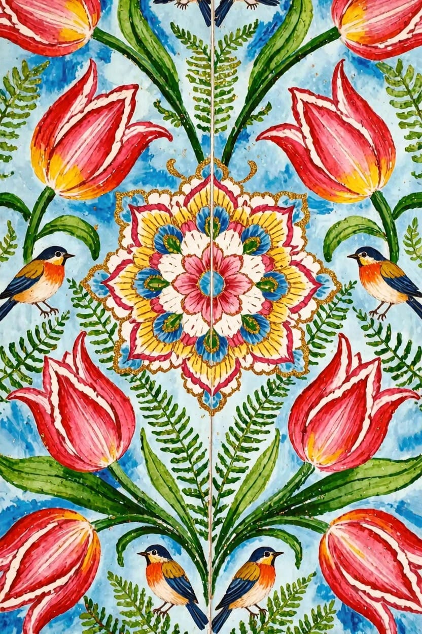 Intricate decorative painting of red tulips, green ferns, small birds, and a central multicolored mandala on blue background.
