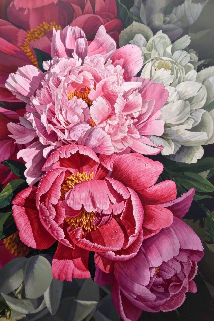 A detailed painting of clustered pink, red, and white peonies with green leaves on a dark background.