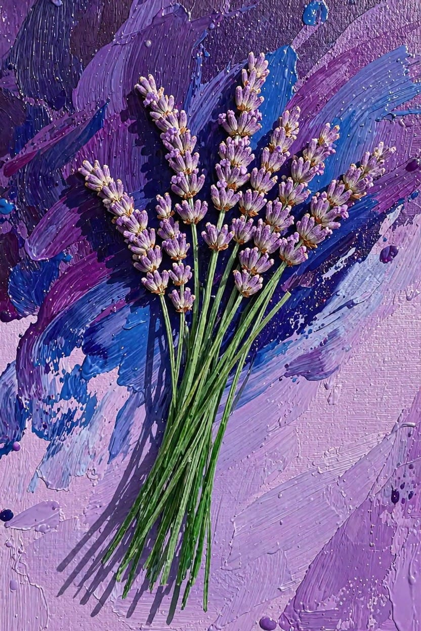 Close-up acrylic painting of purple lavender flowers on bundled green stems against a textured purple and blue abstract background.