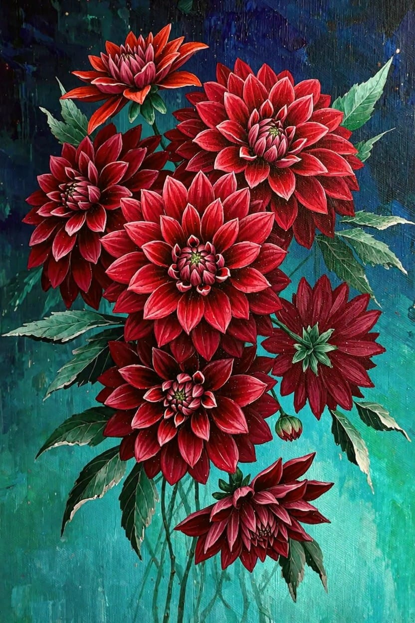 A cluster of red dahlia flowers with green leaves against a dark teal and navy background.