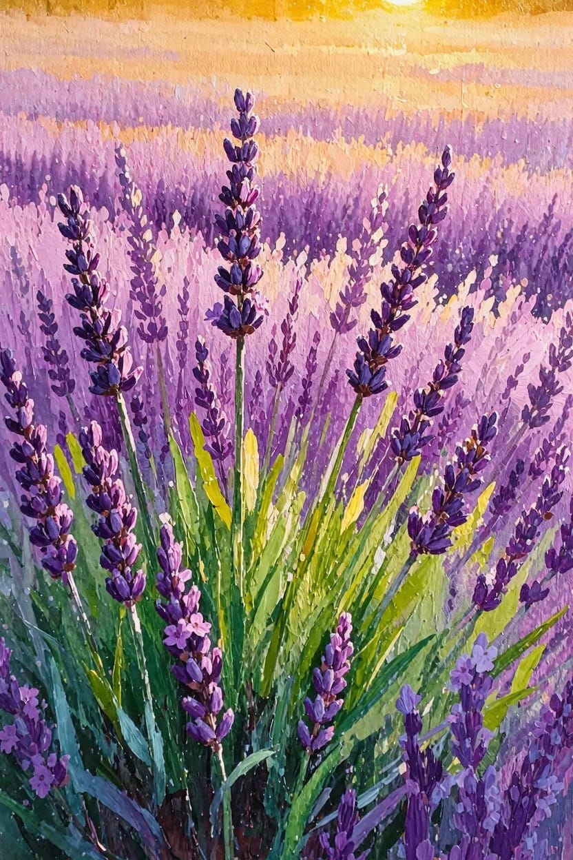 Acrylic painting of purple lavender stalks in a field under a golden orange sunset sky.