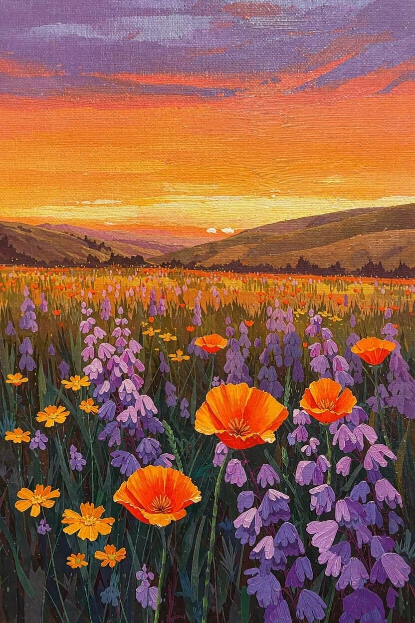 Acrylic painting of orange poppies and purple lupines in a field at sunset with rolling hills and a colorful sky.