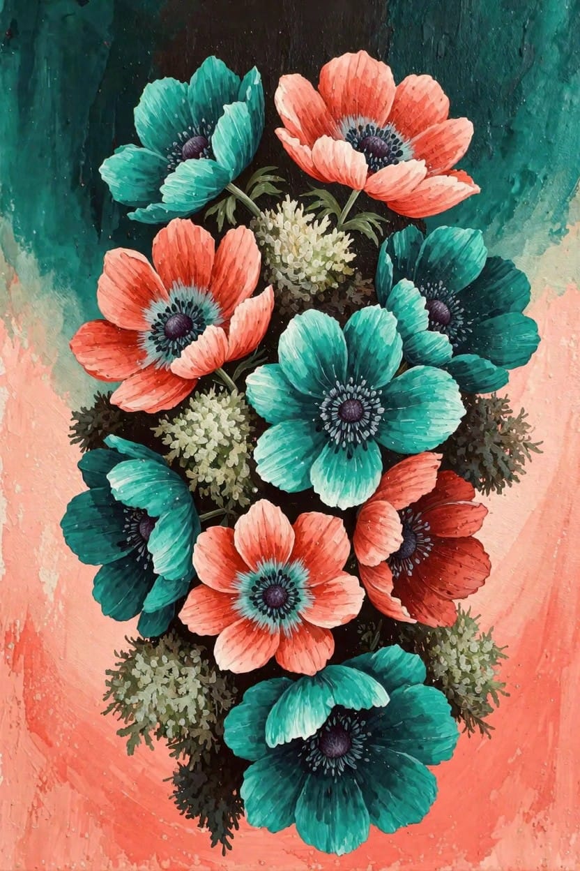 Vertical acrylic-style painting of clustered teal and coral anemones with green stems and white fillers on a teal-to-pink gradient background.