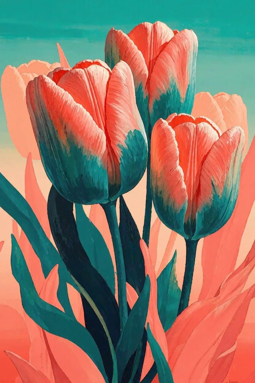 Stylized cluster of four orange tulips with teal petal edges and stems against a teal-to-coral gradient background.