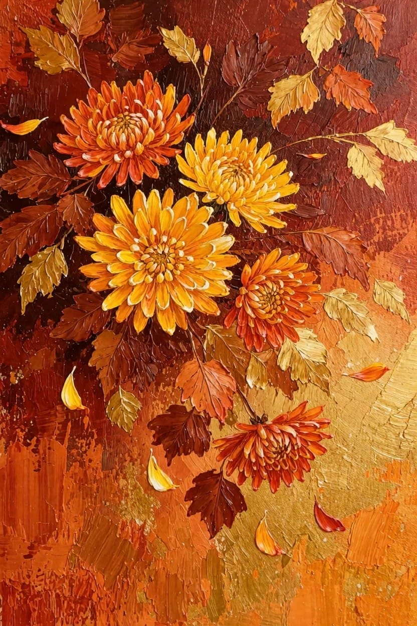 Textured painting of clustered orange and yellow chrysanthemums with autumn leaves and petals on a warm orange-brown background.