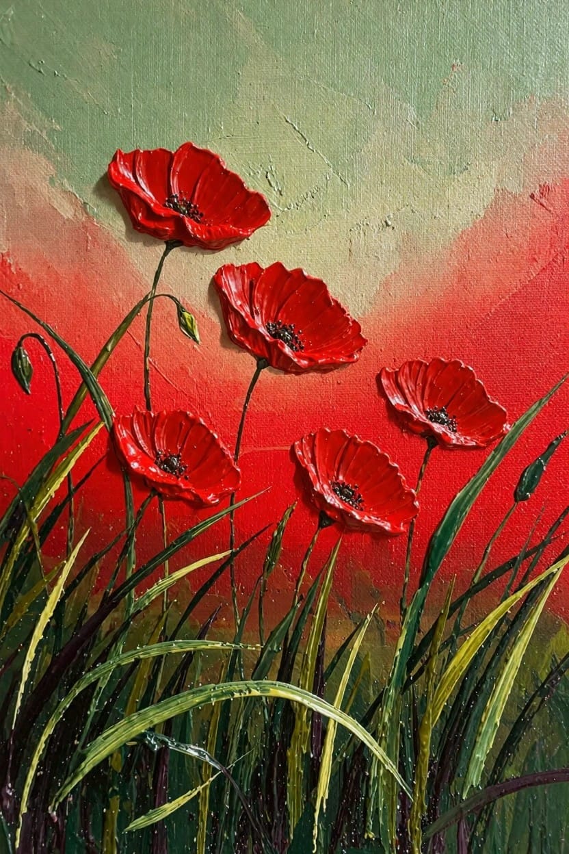 Impasto acrylic painting of red poppies with green stems and grass on a green-to-orange gradient background.