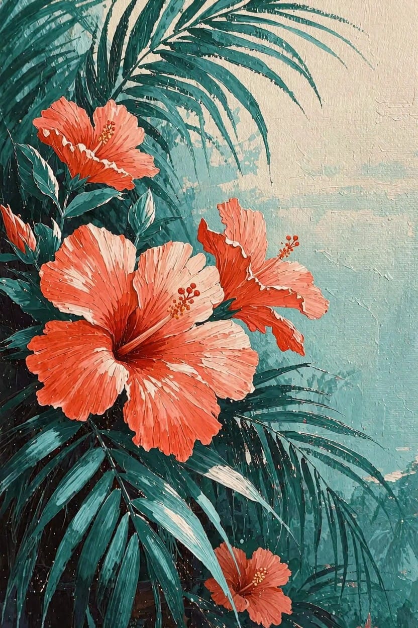 Painting of multiple red-orange hibiscus flowers surrounded by green palm leaves on a pale blue-green background.