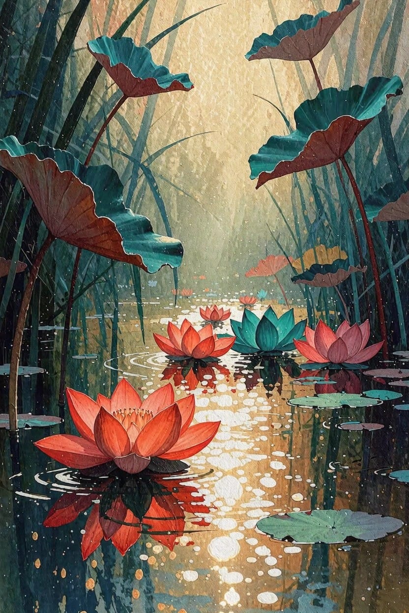 Vibrant red and teal lotus flowers float on reflective water amid tall green reeds and large curved leaves in a golden-lit marsh scene.