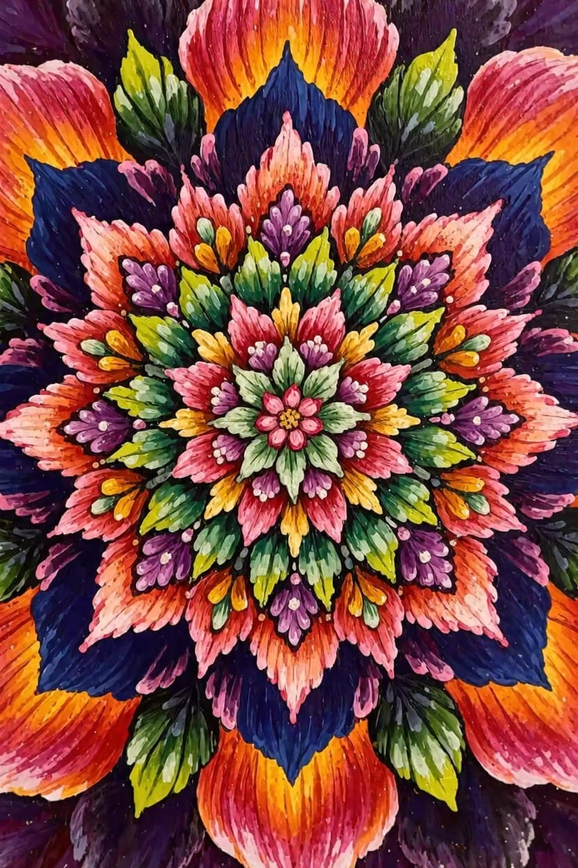 A highly detailed, symmetrical mandala of layered flowers and petals in vibrant purples, pinks, oranges, greens, and blues on a dark background.
